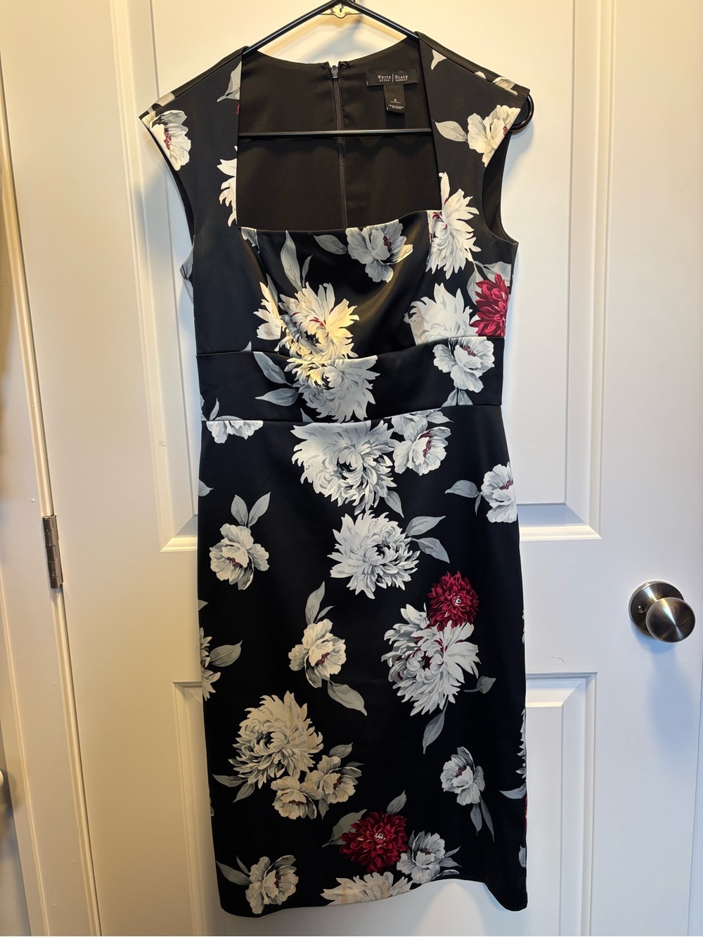 Black Floral Sheath Dress with White and Burgundy Blooms
